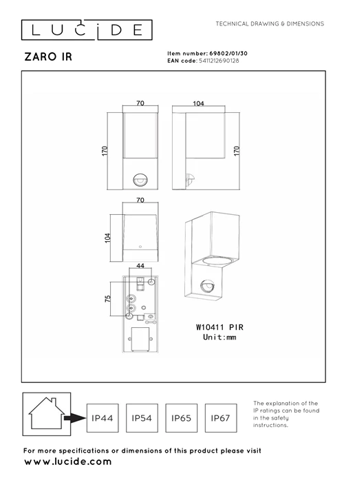 Lucide ZARO IR - Spot mural / Applique mural Intérieur/Extérieur - 1xGU10 - IP65- Détecteur De Mouvement & Jour/Nuit (désactivable) - Noir - technique